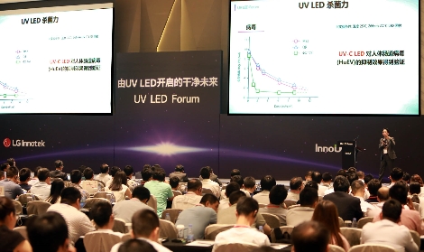 LG이노텍이 29일 개최한 ‘중국 UV LED 포럼’에서 강동현 서울대 교수가 UV LED 살균력 실증 연구결과를 발표하고 있다. (사진=LG이노텍)