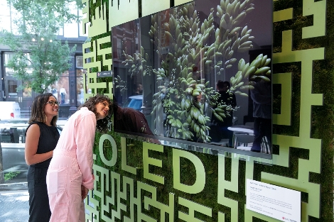 LG전자가 현지시간 12~14일 미국 뉴욕 맨해튼에서 운영한 '카페 올레드'에서 '아미라 카셈(오른쪽)' 셰프 등이 팬톤社가 선정한 올해의 여름 컬러 '페퍼 스템' 조형물 앞  LG 올레드 TV를 살펴보고 있다. 사진=LG전자