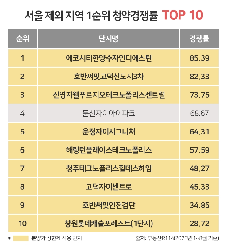 서울 뺀 전국 1순위 경쟁률 톱 10곳 중 9곳 ‘분양가 상한제’