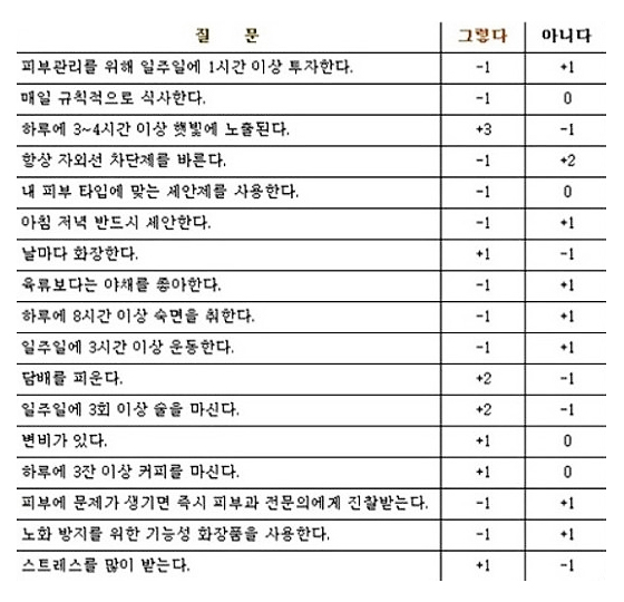 ▲내피부나이자가진단표