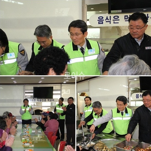 ▲백승엽경남경찰청장등이노인들에게급식봉사를하며즐거운시간을갖고있다.<경남경찰청제공>