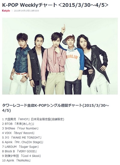 대국남아, 타워 레코드 전점 K-POP 싱글 주간 차트 1위 등극