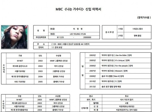 이영현, 나가수 당시 이력서 솔직한 마음 '눈길'