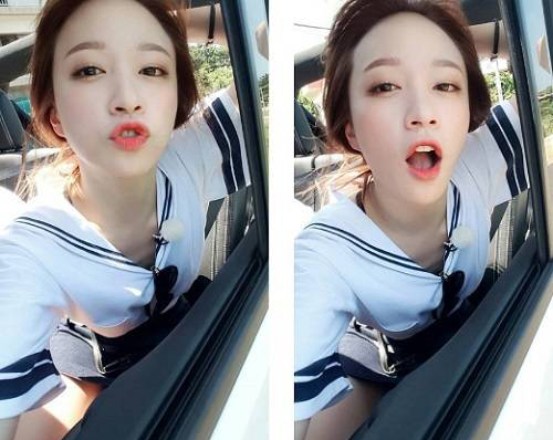 EXID 핫핑크, 차 안에서 마린룩 한 채…입술쭉 백옥피부 휘날리며