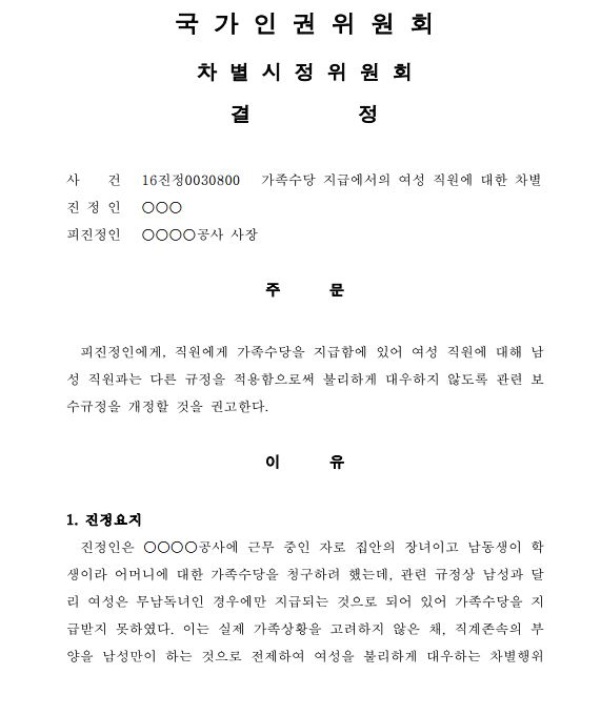 인권위 "장남은 주고 장녀는 안주는 가족수당 '차별'"