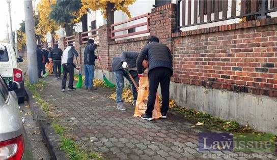 사회봉사대상자들이 낙엽을 수거하고 있다.(사진제공=대구준법지원센터)