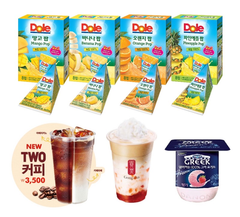 위부터 시계방향으로 DOLE(돌), 풀무원다논, 공차코리아, 나뚜루팝 이미지. (사진=돌코리아)