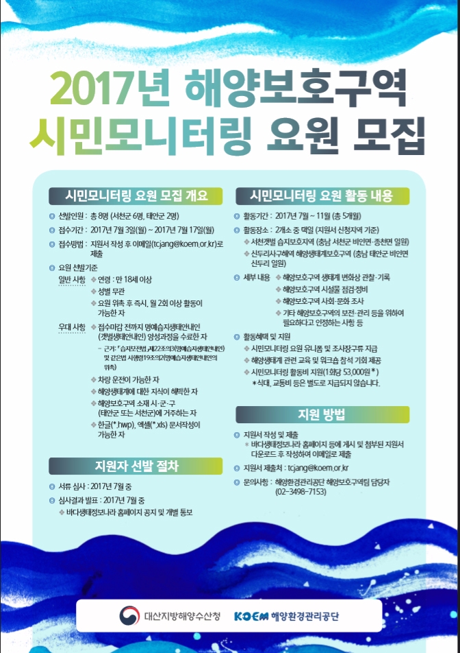 2017년 해양보호구역 시민모니터링 요원 모집 포스터.(제공=해양환경관리공단)