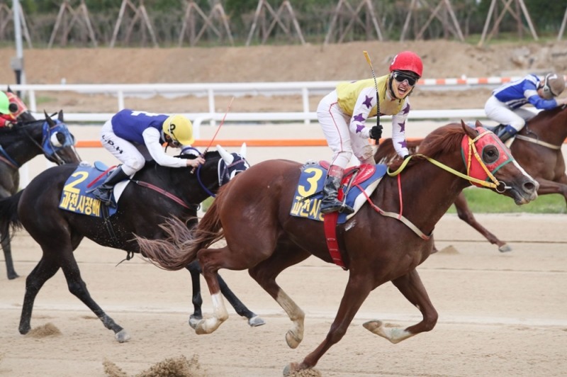 결승선50m앞 역전하고 우승을 차지한 최범현선수의 환호 모습.(사진=한국마사회)