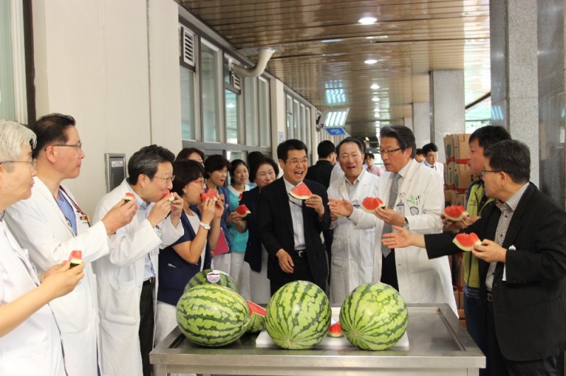 ▲왼쪽부터 김성수 경희대한방병원장, 박영국 경희대치과병원장, 김건식 경희대병원장, 임영진 의무부총장 겸 의료원장, 김영준 노동조합 지부장, 이종훈 적절관리실장(사진= 경희의료원 제공)