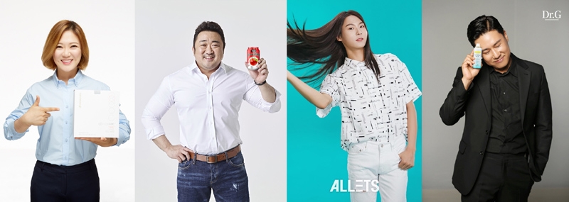 좌측부터 뉴스킨 파마넥스 에이지락 TR90 모델 개그우먼 김숙, 코카콜라 미닛메이드 모델 배우 마동석, 로레알파리 모델 래퍼 장문복, 닥터지 모델 가수 이상민 순(사진= 유통업계 제공)