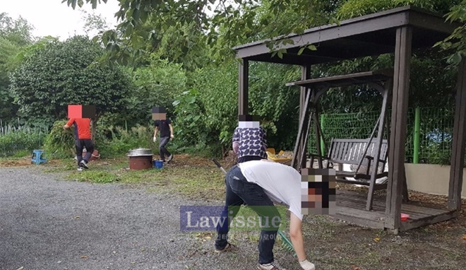 사회봉사명령대상자들이 환경정리를 하고 있다.