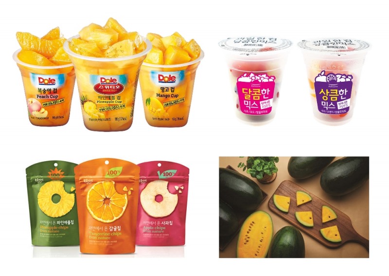 왼쪽위부터 시계방향으로 DOLE(돌), 풀무원, GS25, 복음자리.(사진=돌코리아)