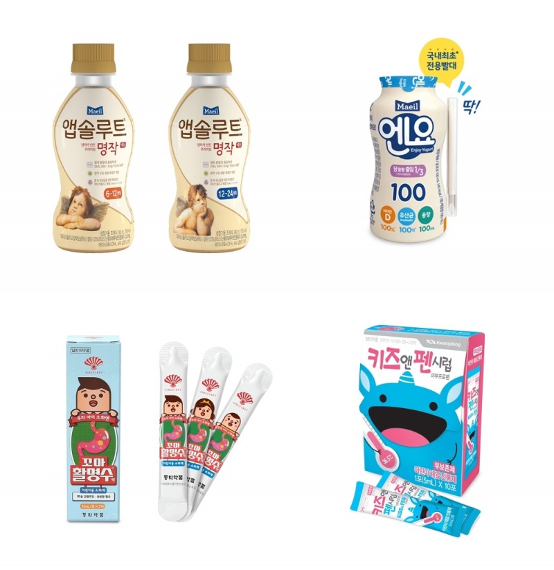 왼쪽 위부터 시계방향으로 앱솔루트 명작 액상, 매일유업 엔요, 광동제약 키즈엔펜시럽, 동화약품 꼬마활명수(왼 (사진=각사 제공)