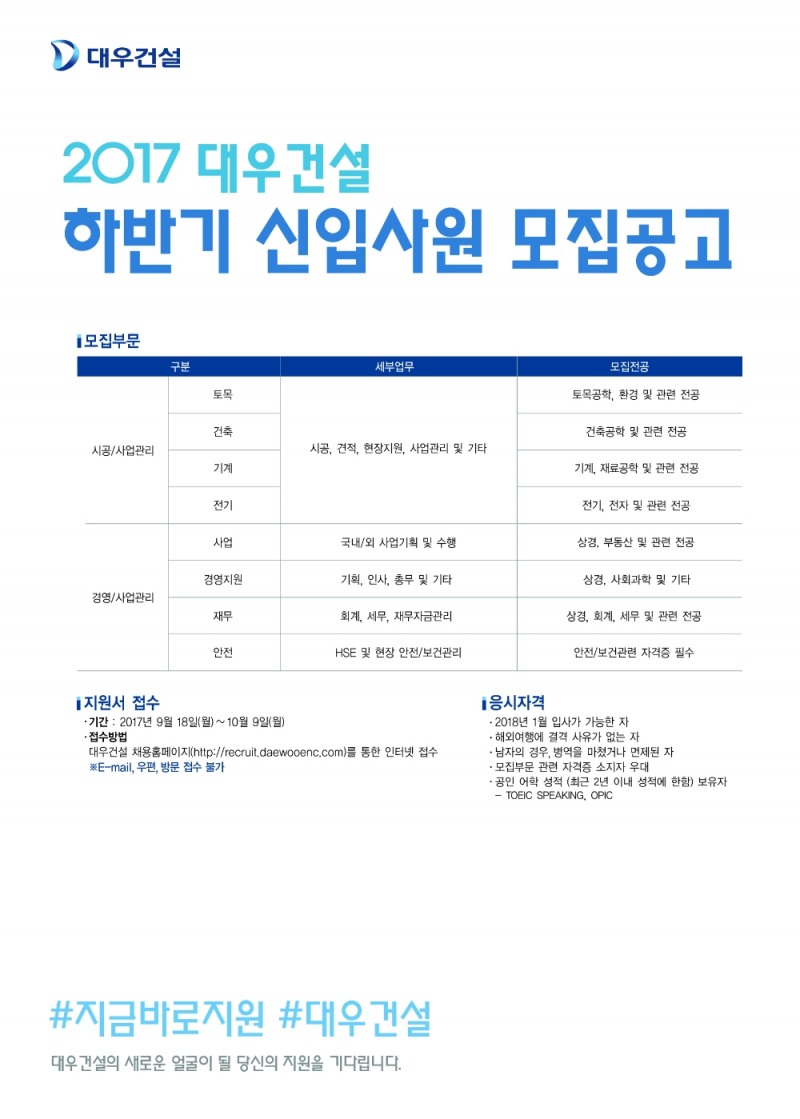 신입사원 모집공고.(사진=대우건설)