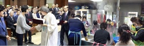감사장을 받고 있는 강자훈 상무(좌측)) 식사지원 봉사활동모습(우측)(사진= 한미약품)