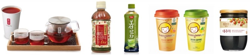 좌측부터 공차 보이티, 한뿌리 레드진생티, 동원F&B 보성말차, 빙그레 해피레몬 우롱티, 복음자리 대추차.(사진=함샤우트)