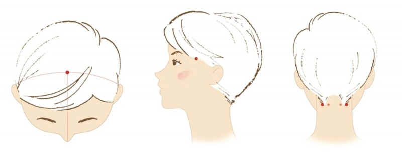 피로 회복, 집중력 향상 등에 좋은 경혈 지압 위치. 왼쪽부터 백회혈, 태양혈, 풍지혈.(사진=자생한방병원)