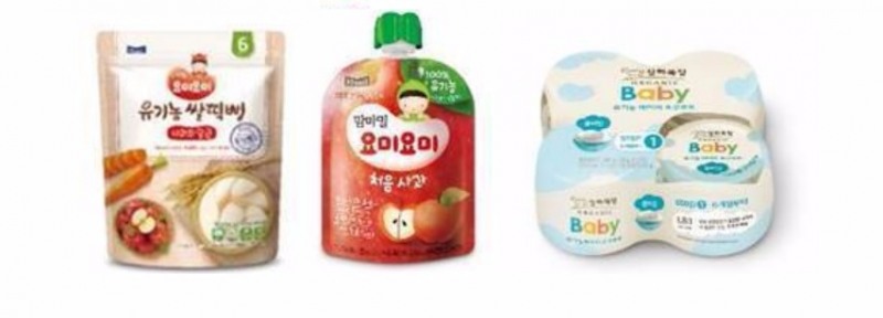 맘마밀 요미요미 유기농 쌀떡뻥(좌), 맘마밀 요미요미 처음과일(중), 상하목장 유기농 베이비 요구르트(우)