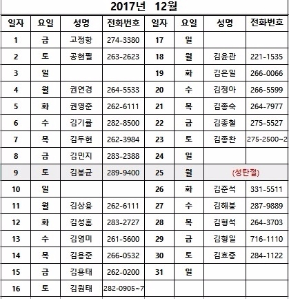 12월 당직변호사 명단