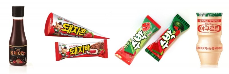 좌측부터‘굽네 볼케이노 소스’, 롯데푸드 ‘돼지콘’, 롯데제과 ‘거꾸로 수박바’, 한국야쿠르트 ‘얼려먹는 야쿠르트’.(사진=함샤우트)