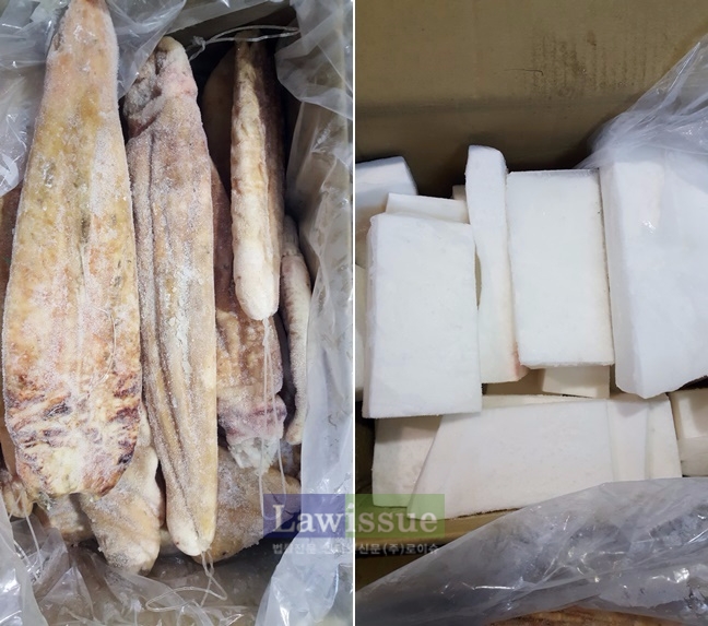 (사진왼쪽)상어 내장(밀수품)/ 개복치(정상 물품).(사진=부산본부세관)