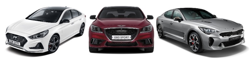 (왼쪽부터) 쏘나타뉴라이즈,G80스포츠,스팅어.(사진=현대차그룹)