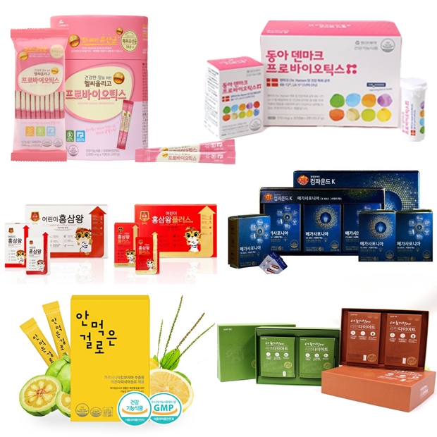▲ 왼쪽 위부터 차례로 현대약품 ‘헬씨올리고 프로바이오틱스’, 동아제약 ‘동아 덴마크 프로바이오틱스’, 웅진식품 ‘장쾌삼 어린이 홍삼왕’, ‘장쾌삼 어린이 홍삼왕 플러스’, 동원F&B ‘천지인 메가사포니아 씨케이 맥스’, 시치미뚝 ‘안먹은걸로’, 롯데제과 헬스원 ‘더 늦기전에’