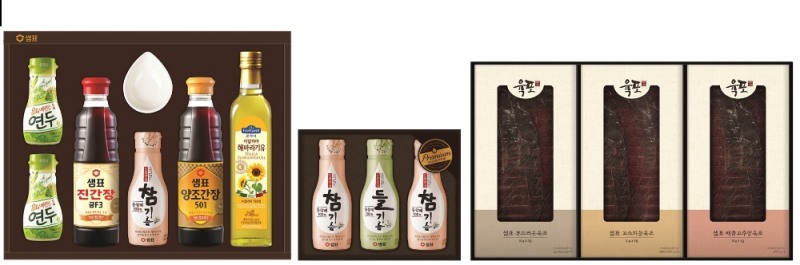 왼쪽부터 ‘샘표 정성담은 S호’, ‘샘표 일편단심 참기름∙들기름 세트 1호’, ‘미락가화 소고기 육포세트’ (사진=샘표)