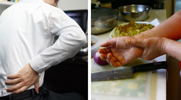 (사진=왼쪽부터 허리통증과 손목터널증후군)