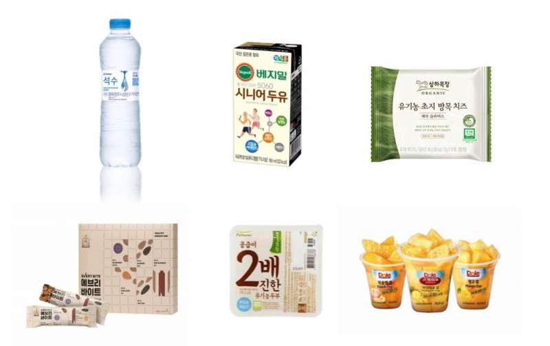 이미지: (왼쪽 위부터 시계방향 순) 하이트진로음료 ‘석수’, 정식품 ‘베지밀 5060 시니어두유’, 매일유업 ‘상하목장 유기농 초지 방목 치즈’, 돌 ‘후룻컵’ 3종, 풀무원 ‘콩즙이 2배 진한 유기농 두부’, 한국인삼공사 ‘에브리 바이트’.(사진=하이트진로음료)