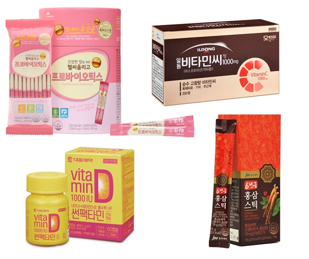 ▲ 왼쪽 위부터 시계 방향으로 현대약품 ‘헬씨올리고 프로바이오틱스’, 일동제약 ‘비타민씨정 1000mg’, JW중외제약 ‘6년근 홍삼스틱’, 대웅제약 ‘썬팩타민’