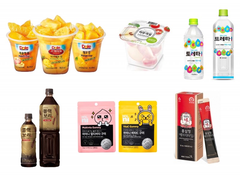 왼쪽위부터 시계방향으로 Dole(돌), 한국야쿠르트, 코카-콜라사, KGC인삼공사정관장, 일동제약, 하이트진로음료.(사진=이목)