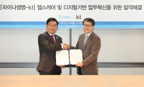 협약식에 참석한 KT 경영기획부문장 구현모 사장(오른쪽), 라이나생명 대표이사 벤자민 홍(왼쪽)이 기념사진 촬영에 임하고 있다. (사진=KT)