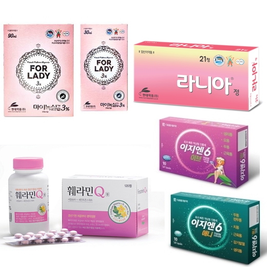 왼쪽 위부터 차례로 현대약품 ‘마이녹실3%’, ‘라니아정’, 동국제약 ‘훼라민Q’, 대웅제약 ‘이지엔6 이브’, ‘이지엔6 애니’