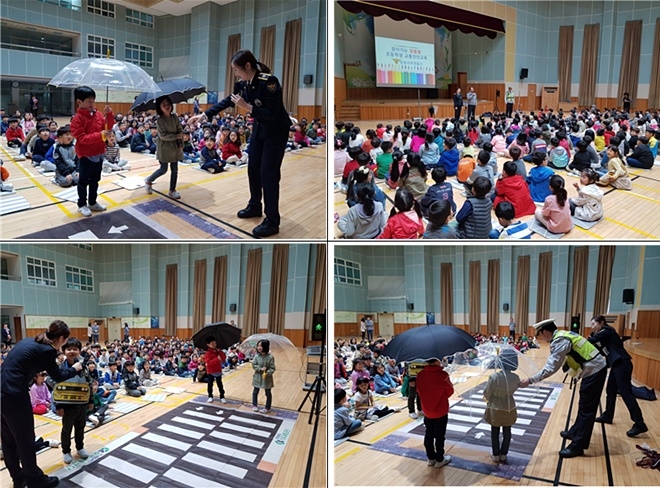 안전보행 3원칙을 실습해 보고 있다.(사진제공=창원서부경찰서)
