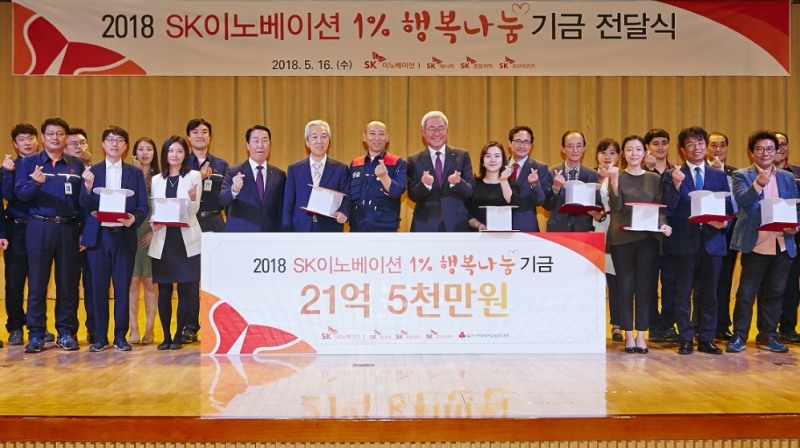 SK이노베이션 김준 총괄사장, 이정묵 노조위원장이 구성원 대표 12명과 1% 행복나눔기금 증서 및 구성원 희망메시지를 후원 협약기관 12곳에 전달한 후 기념사진을 촬영하고 있다. (사진= SK이노베이션)