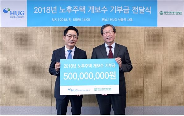 손종철 HUG 부사장(오른쪽)과 신용규 한국사회복지관협회 사무총장(왼쪽)이 노후주택 개보수 기부금 전달식을 가지고 기념촬영을 하고 있다.(사진=HUG)