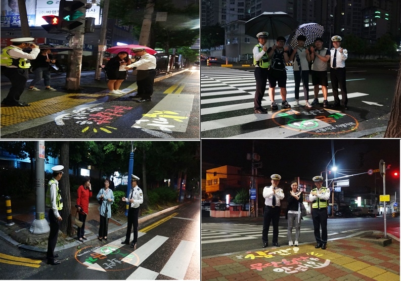 무단횡단 사만사고를 방지하기 위해 그림자 조명을 설치한 모습.(사진제공=창원서부경찰서)