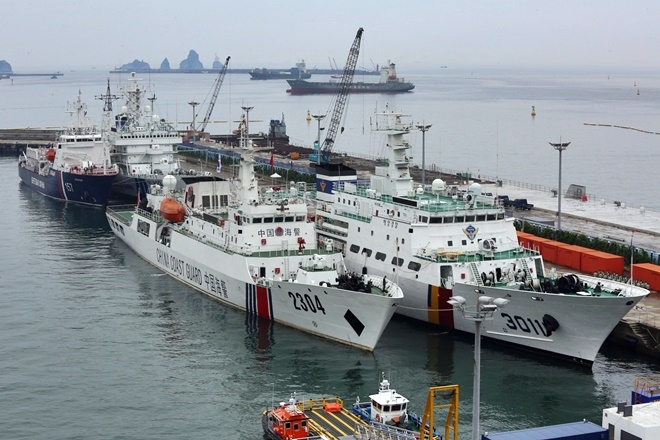 러시아,일본,중국 함정이 MMEX 연합훈련 사전훈련을 마치고 부산해양경찰 전용부두에 입항한 모습.(사진제공=남해지방해양경찰청)