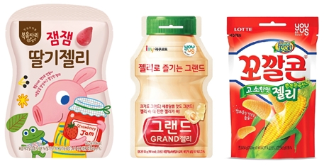 왼쪽부터 / 복음자리 ‘잼잼딸기젤리’, 한국야쿠르트 ‘그랜드젤리’, GS25x롯데 ‘유어스 꼬깔콘 젤리’