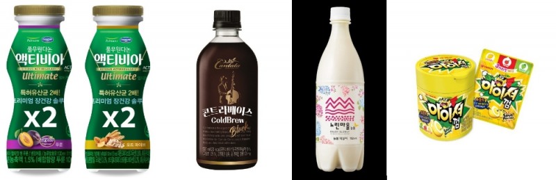 왼쪽부터 풀무원다논 ‘액티비아 얼티밋’ ‘푸룬’‘오트 파이브’,롯데칠성음료 ‘칸타타 콘트라베이스 콜드브루 블랙’