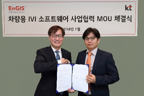KT GiGA IoT 사업단 김준근 단장(왼쪽)과 엔지스테크널러지 박용선 대표(오른쪽)가 업무협약을 마치고 기념촬영을 하고 있다.