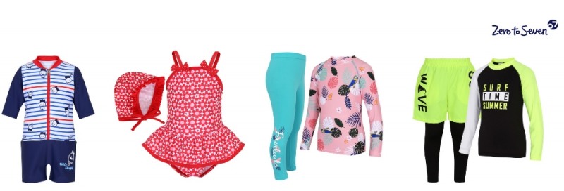 알로앤루 스트라이프 올인원 수영복&레드플라워 원피스 수영복, 포래즈 트로피칼 래시가드 세트&서프 래시가드 세트’.(사진=제로투세븐)
