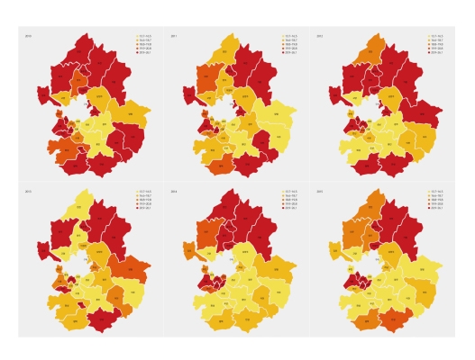 그림=허혈성 심혈관질환의 연령표준화 사망률(2010~2015)