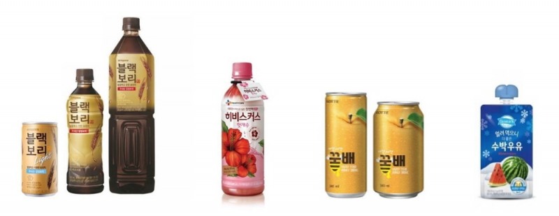 ▲ 이미지: (왼쪽부터) 하이트진로음료 ‘블랙보리’, CJ헬스케어 ‘히비스커스헛개수’ 한정판, 롯데칠성음료 ‘사각사각 꿀배’, 동원F&B ‘덴마크 얼려먹으니 더 좋은 수박우유’