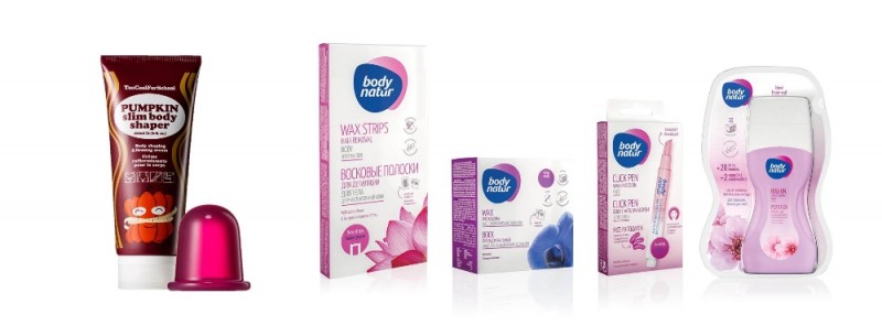 ▲왼쪽부터 투쿨포스쿨 ‘펌킨 슬림 바디 쉐이퍼’, 바디네이처 ‘셀프 왁싱 제품 4종’