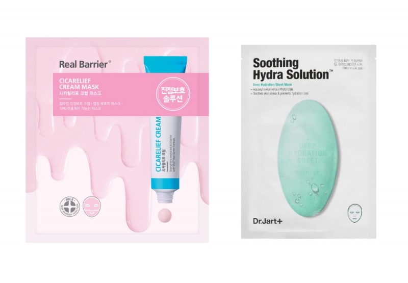 ▲ 사진 : (좌로부터) 리얼베리어 ‘시카릴리프 크림 마스크’, 닥터자르트 ‘더마스크 워터젯 수딩 하이드라 솔루션 >