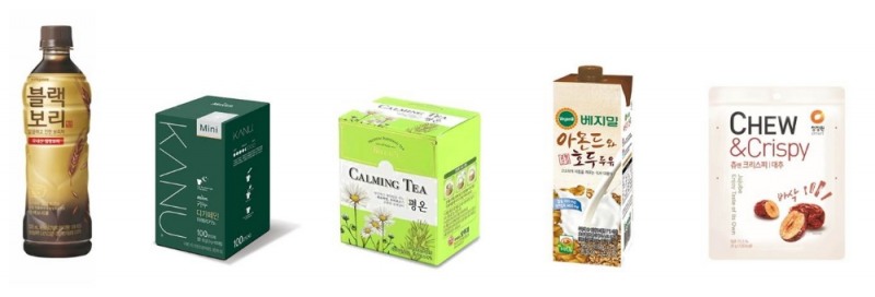 ▲ 이미지: (왼쪽부터) 하이트진로음료 ‘블랙보리’, 동서식품 ‘맥심 카누 디카페인 아메리카노’, 오뚜기 ‘벨라티 평온’, 정식품 ‘베지밀 아몬드와 호두 두유’, 청정원 ‘츄앤크리스피 대추’