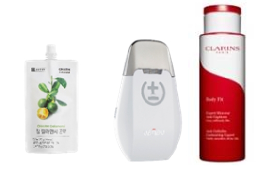 (좌)종근당건강 ‘참 깔라만시 곤약(170g)’(가운데)바나브 ‘TIME MACHINE’(우)클라란스 ‘바디 핏 엑스퍼트 카피톤(200ml)’